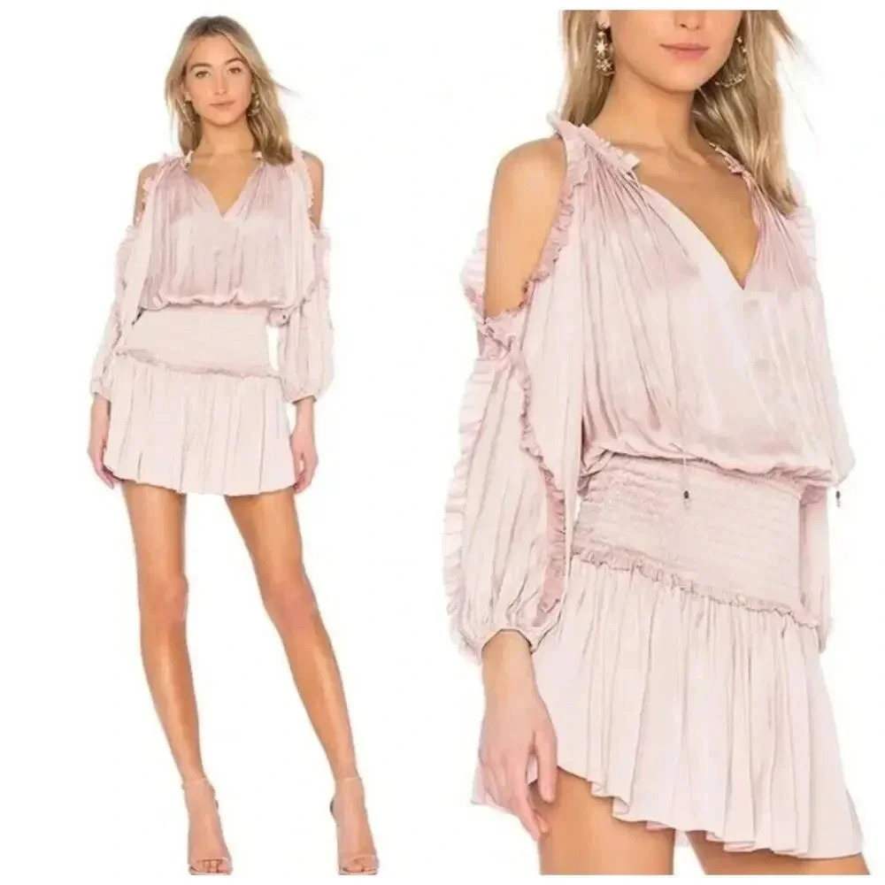Ulla Johnson Isla Pink Olga Satin Smocked Drop Waist V Neck Mini Dress US Sz 4